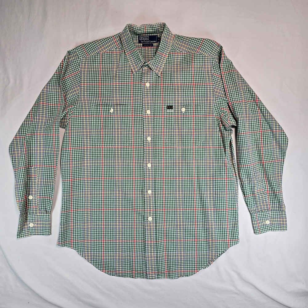 Polo Ralph Lauren Mens Green Plaid Long Sleeve Button Down Shirt Large Cotton